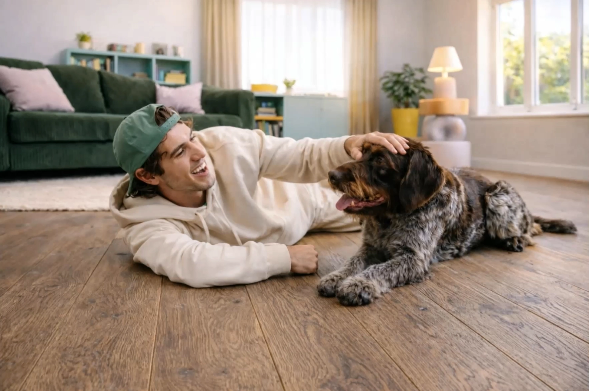 Ein Mann streichelt einen Hund, während er auf einem mit Kiwi-Now-Bodenpaneelen des Modells 40KN522 ausgelegten Boden liegt.