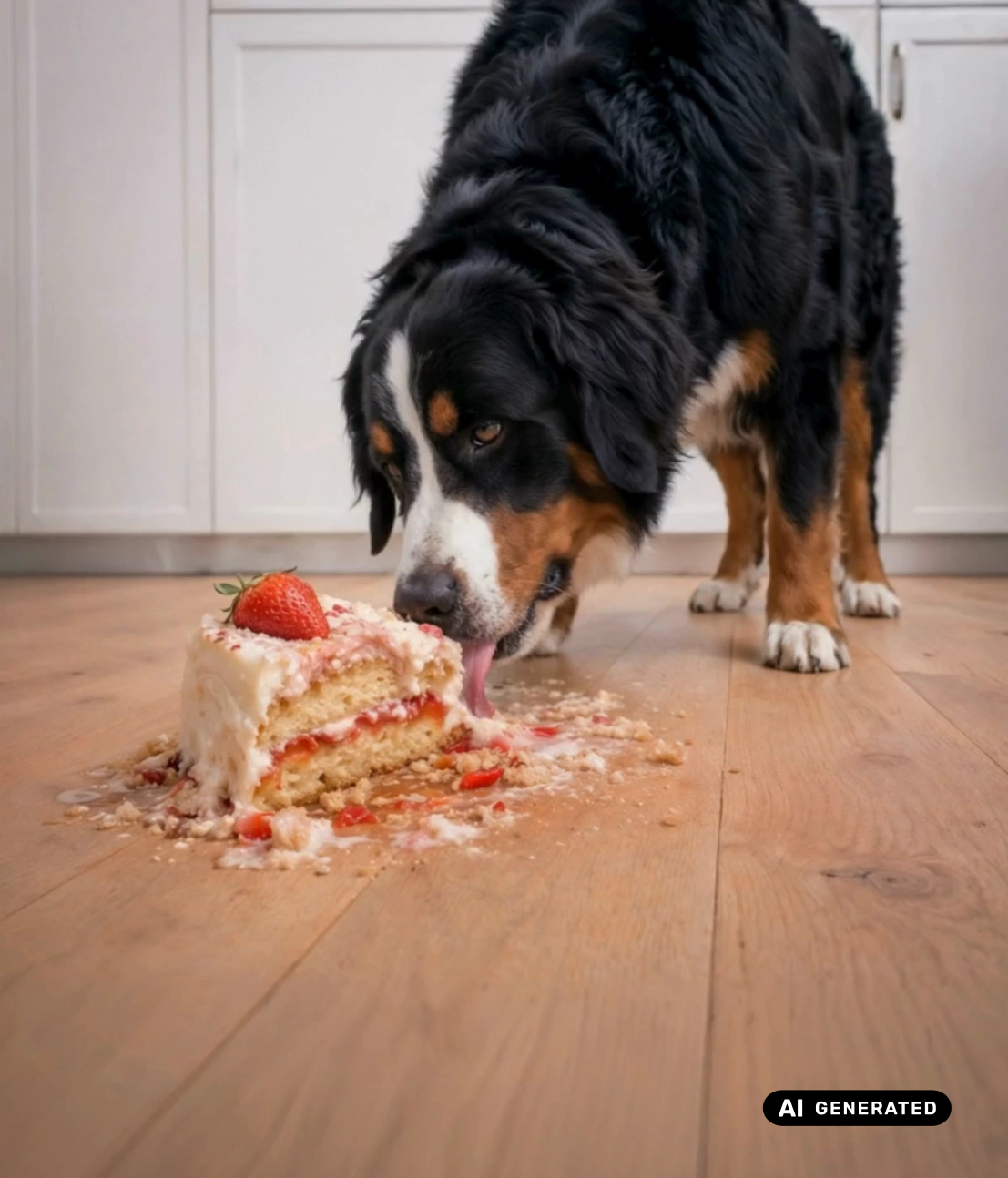 Ein Hund frisst Erdbeerkuchen auf einem mit Kiwi-Now-Bodenpaneelen des Modells 30KN04 ausgelegten Boden.